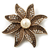 Antique Gold Simulated Pearl Crystal Flower Brooch