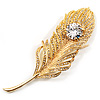 Large Swarovski Crystal Peacock Feather Gold Tone Brooch (Clear) - 11.5cm Length