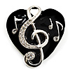 Black Enamel Crystal 'Musical Heart' Brooch (Silver Tone Metal)