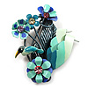 Vintage Bright Blue Metal 'Bird & Flowers' Brooch