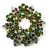 Light Olive Green Crystal Wreath Brooch (Silver Tone Metal)