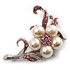 Silver Tone White Simulated Pearl Pink Diamante Floral Brooch