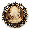 Vintage Round Crystal Cameo Brooch & Pendant In Antique Gold Metal