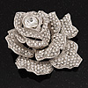 Large Crystal Dimensional Rose Corsage Brooch In Rhodium Plated Metal