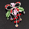 Red/Green Crystal Grapes And Bow Brooch (Silver Tone)