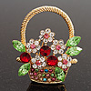 Multicoloured Diamante 'Basket With Flowers' Brooch In Gold Plated Metal