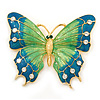 Oversized Teal Green/ Salad Green Enamel Butterfly Brooch (Gold Tone Metal) - 80mm Across