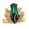 Funky Green/Blue Enamel Swarovski Crystal 'Frog' Brooch In Gold Plated Metal - 2.5cm Length