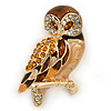 Brown Crystal Owl Brooch In Gold Plated Metal