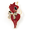 Red Enamel Kitty With Crystal Bow In Gold Plated Metal Brooch - 5.5cm Length