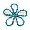 Teal Crystal Open Flower Brooch In Silver Finish - 4.5cm Diameter