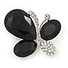 Black/Clear Diamante Asymmetrical 'Butterfly' Brooch In Silver Finish - 4cm Length