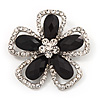 Black/Clear Diamante 'Flower' Corsage Brooch In Silver Metal - 5cm Diameter