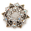 Clear & AB Crystal Wreath Brooch In Antique Gold Metal - 4cm Diameter