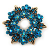 Turquoise Coloured Crystal Wreath Brooch In Antique Gold Metal - 4cm Diameter