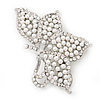 Large White Faux Pearl Diamante 'Butterfly' Brooch In Silver Plating - 8.5cm Length