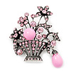 Vintage Pink Diamante Flower Basket Brooch (Burn Silver Finish)