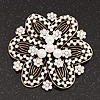Large Vintage Filigree Faux Pearl Flower Brooch In Antique Gold Metal - 7cm Diameter
