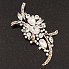Large 'Hollywood Style' Clear Swarovski Crystal Corsage Brooch In Antique Gold Plating - 12cm Length