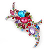 Large 'Hollywood Style' Multicoloured Swarovski Crystal Corsage Brooch In Silver Plating - 12cm Length