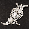 Large 'Hollywood Style' Clear Swarovski Crystal Corsage Brooch In Silver Plating - 12cm Length