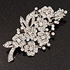 Large Clear 'Bunch Of Flowers' Brooch In Silver Plating - 10cm Length