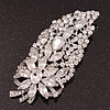 Oversized Clear Glass Floral Corsage Brooch In Silver Plating - 11.5cm Length