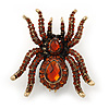 Large Smokey Topaz Coloured Crystal Spider Brooch In Antique Gold Finish - 6cm Length