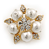 Stunning Bridal Simulated Pearl Crystal Brooch (Snow White & Gold Plated) - 4cm Diameter