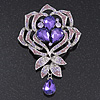 Stunning Purple CZ Floral Dimensional Corsage Brooch In Silver Plating - 10cm Length