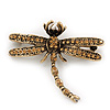 Vintage Citrine Crystal 'Dragonfly With Simulated Pearl' Brooch In Antique Gold Metal - 6cm Length