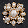 Victorian Style Simulated Pearl/Crystal Bridal Brooch In Gold Plating - 5cm Length