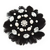 Large Simulated Pearl and Swarovski Crystal Beaded Black Feather Brooch - 10cm Length