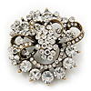 Ice Clear Diamante Corsage Brooch In Antique Gold Metal - 5cm Diameter