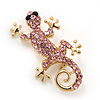 Small Light Pink Crystal 'Lizard' Brooch In Gold Plating - 3.5cm Length