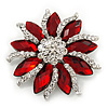 Red/Clear Diamante Floral Corsage Brooch In Silver Metal - 5.5cm Diameter