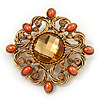 Vintage Topaz Coloured Crystal Orange Bead Brooch/Pendant In Gold Metal - 4.5cm
