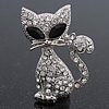 Cute Diamante 'Cat' Brooch In Silver Plating - 3.5cm Length