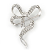 Dazzling Diamante 'Bow' Brooch In Rhodium Plated Metal - 7cm Length
