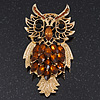 Oversized Rhodium Plated Filigree Amber Coloured Crystal 'Owl' Brooch - 7.5cm Length