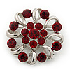 Red Crystal Wreath Brooch In Rhodium Plated Metal - 4cm Diameter