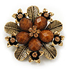 'Botanica' Flower Brooch In Antique Gold Finish Crystal/Stone (Brown) - 6.5cm Diameter