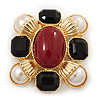 Square Simulated Pearl, Black Glass, Red Stone Brooch In Gold Plating - 5cm Length