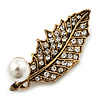 Vintage Burn Gold Diamante/Simulated Pearl 'Leaf' Brooch - 5cm Length