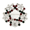 Red/Green/White Crystal Christmas Holly Wreath Brooch In Silver Plating - 3.5cm Diameter