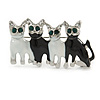 Black/White Enamel 'Happy Family Of Four Cats' Brooch In Rhodium Plating - 4.3cm Width