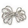 Clear Crystal Open 'Bow' Brooch In Silver Tone Metal - 5.5cm Width
