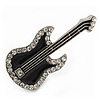 Black Enamel Diamante 'Guitar' Brooch In Rhodium Plating - 5cm Length