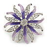 Pale Lavender/ Violet Enamel Diamante 'Flower' Brooch In Silver Plating - 4.5cm Diameter