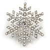 White Simulated Pearl 'Snowflake' Brooch In Rhodium Plating - 4.3cm Diameter